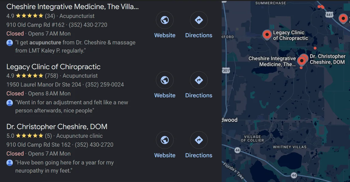 Google search results for acupuncture in The Villages showing Cheshire Integrative Medicine in the map results