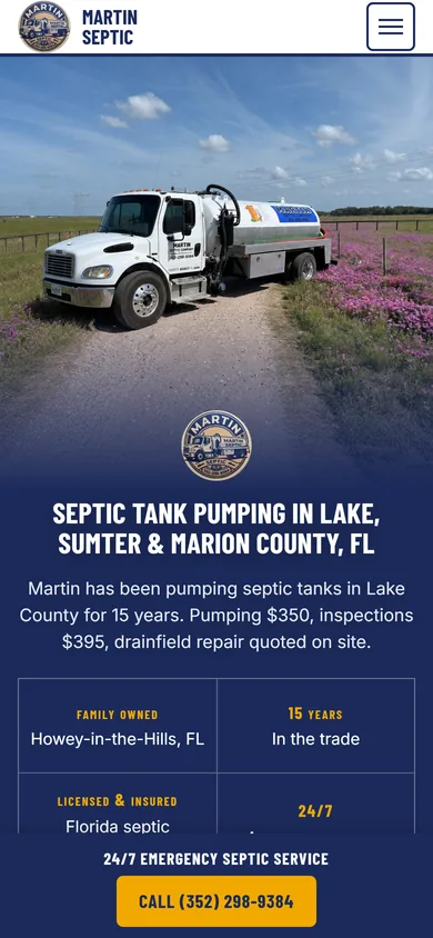 martinseptic.co on a phone: logo, menu, the truck, the headline, prices and a Call button in the first screen