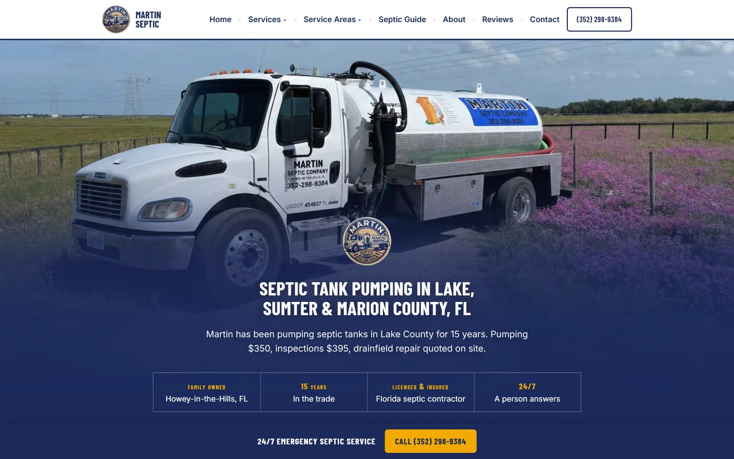 martinseptic.co, a local business website built by 7-0, with the phone number in the header