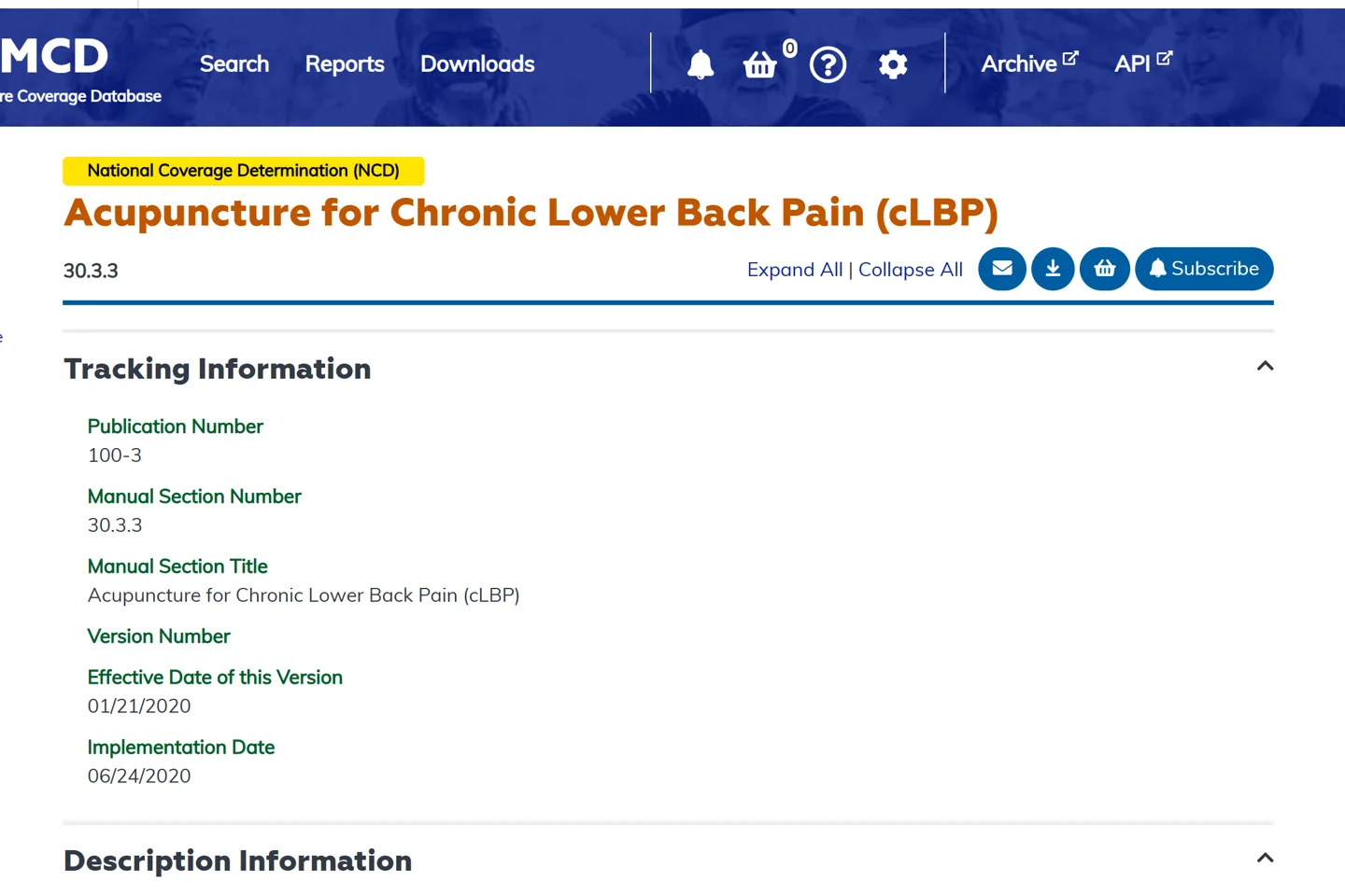 CMS Medicare Coverage Database page for NCD 30.3.3, Acupuncture for Chronic Lower Back Pain