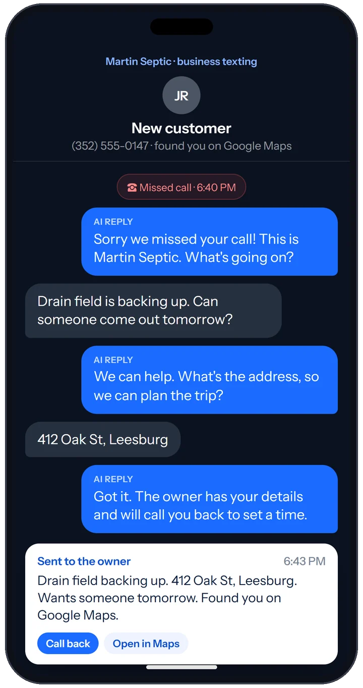 An example AI text conversation on a phone: a missed call, an automatic reply, the AI gets the job and the address, and the owner gets a summary