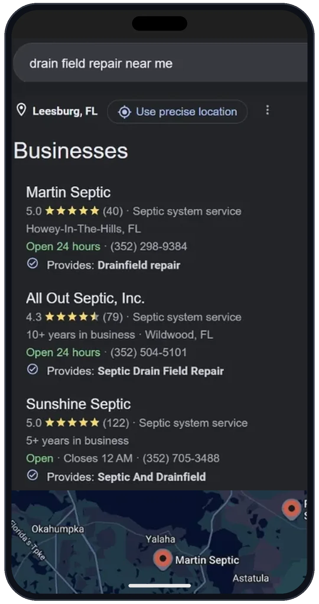 Google results for drain field repair near me from Leesburg: Martin Septic first, 5.0 stars, 40 reviews