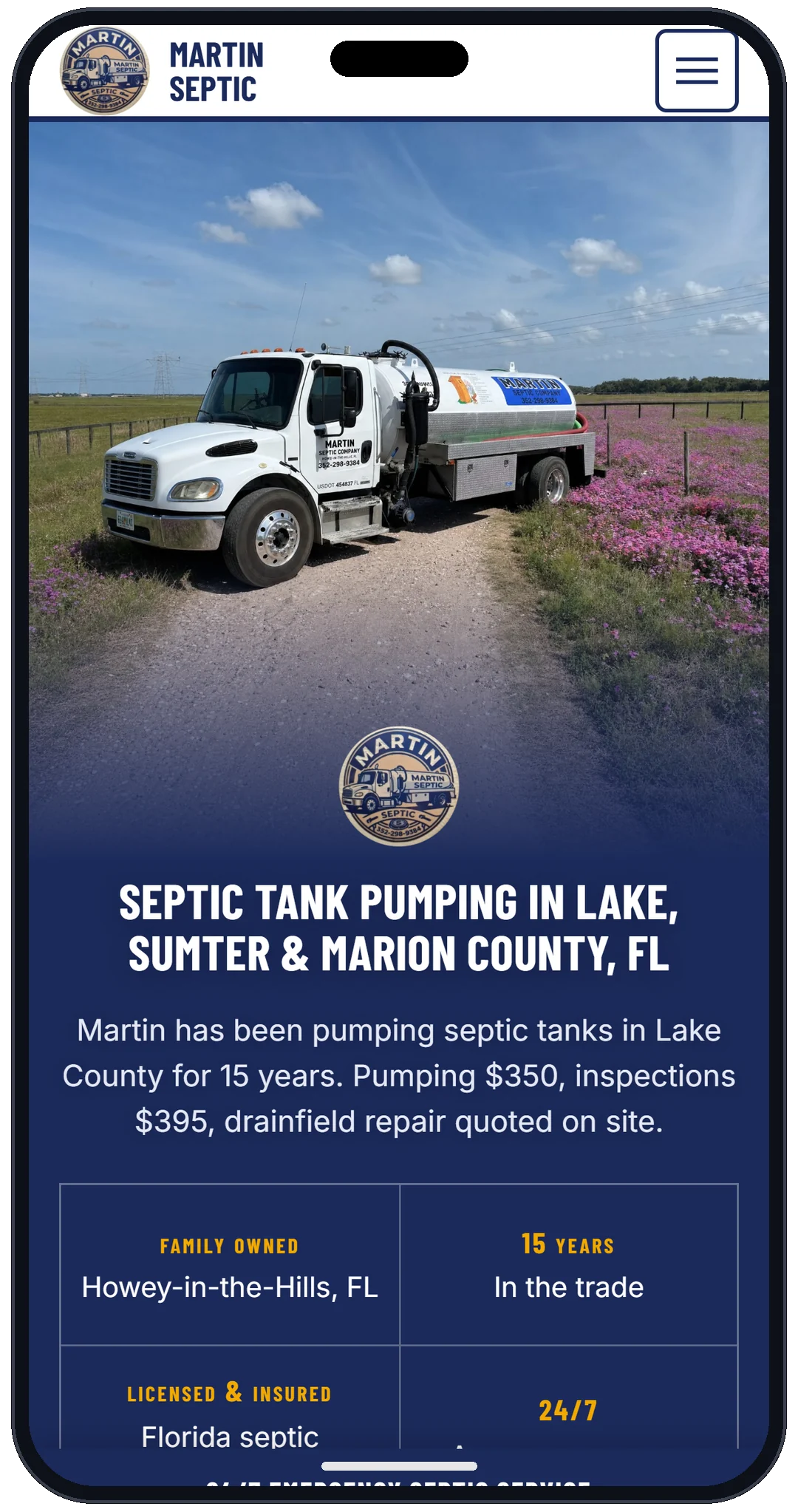 martinseptic.co on a phone: the website 7-0 built for Martin Septic, phone number in the first screen